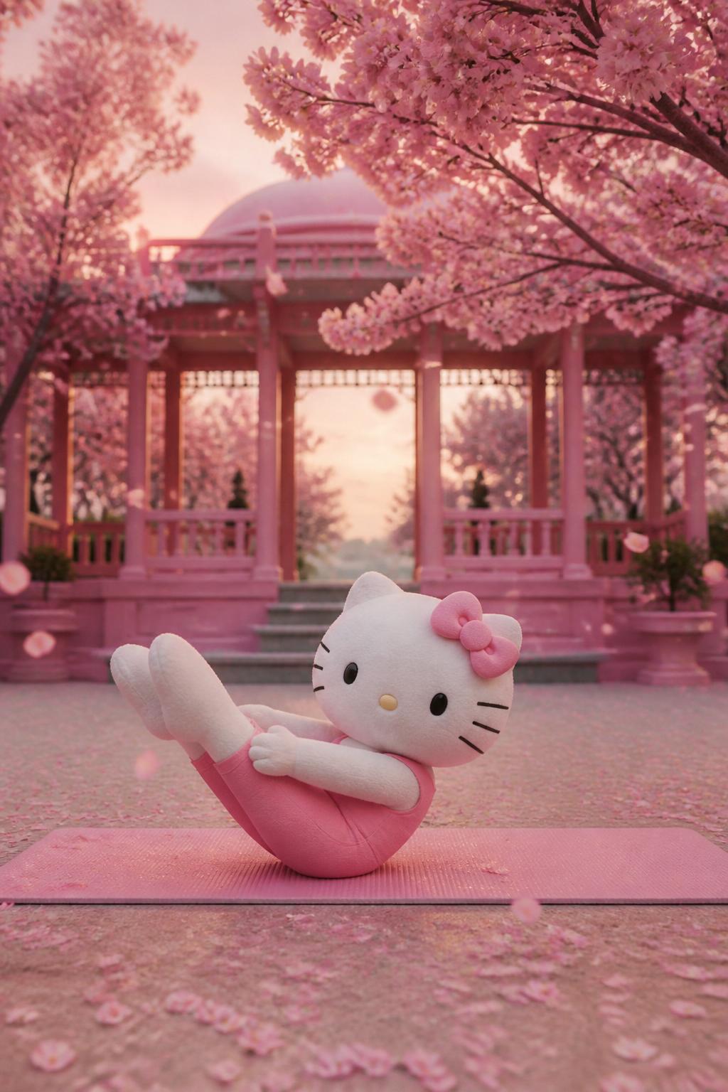 Hello Kitty pilates pose at sunset